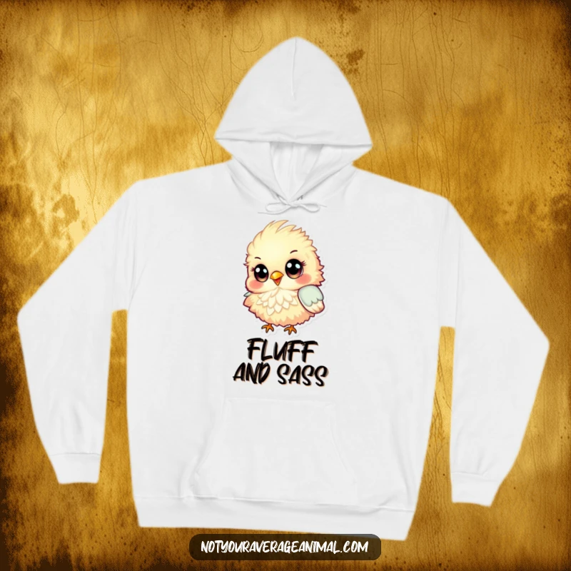 Funny Hoodie showcasing a fluffy, colorful bird with big, round eyes, chirping happily, offering warmth and a dose of comical cheer.