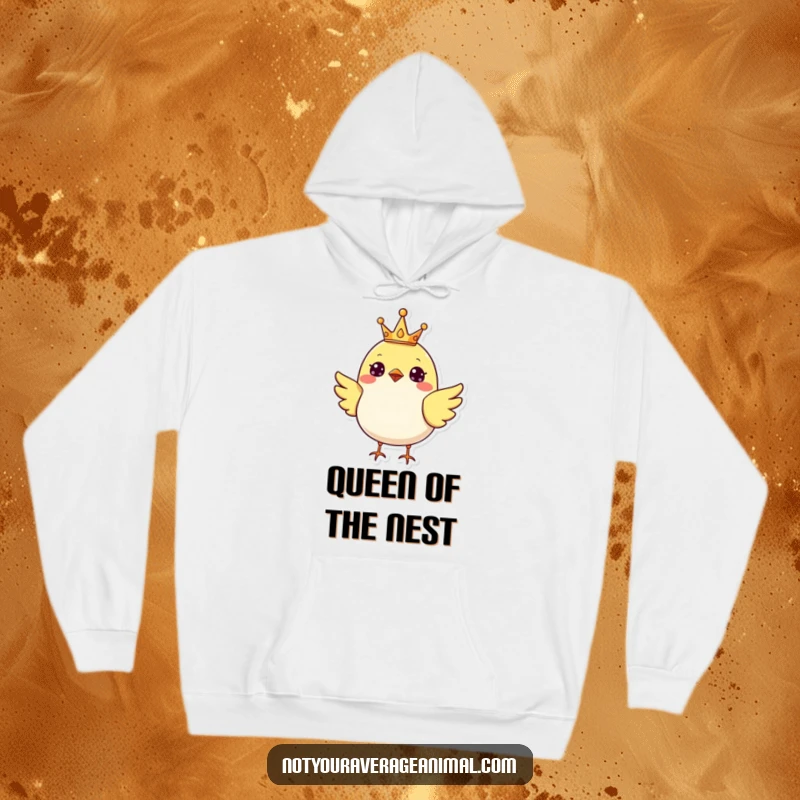Funny cheerful bird wearing a tiny crown, looking majestic on a warm and comfortable hoodie.