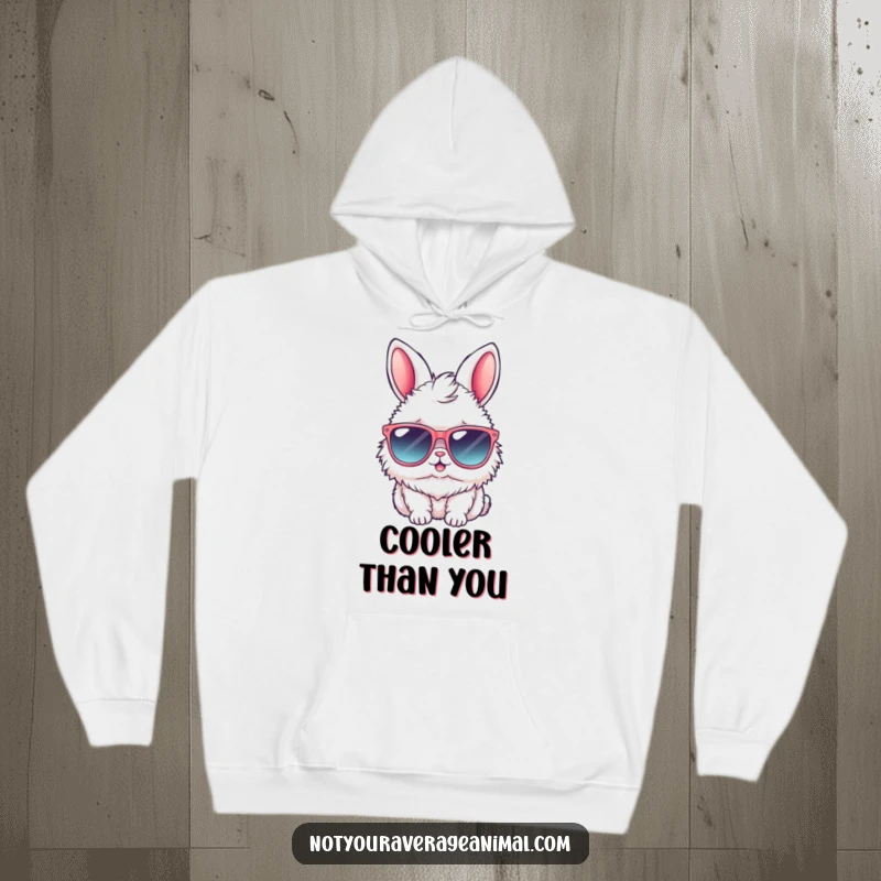 Funny bunny hoodie with a fluffy rabbit wearing large sunglasses, exuding a chill and stylish vibe, perfect for comfortable lounging.