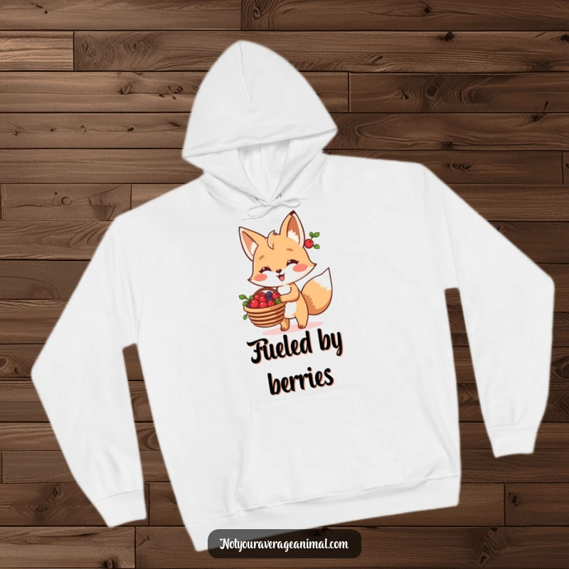 Funny Fox Hoodie depicting a cheerful fox character carrying a bountiful basket of berries, evoking a sense of warmth.