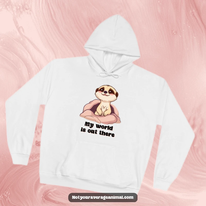 Funny meerkat hoodie with a cute, giggling character peeking from its burrow, radiating happiness and warmth.