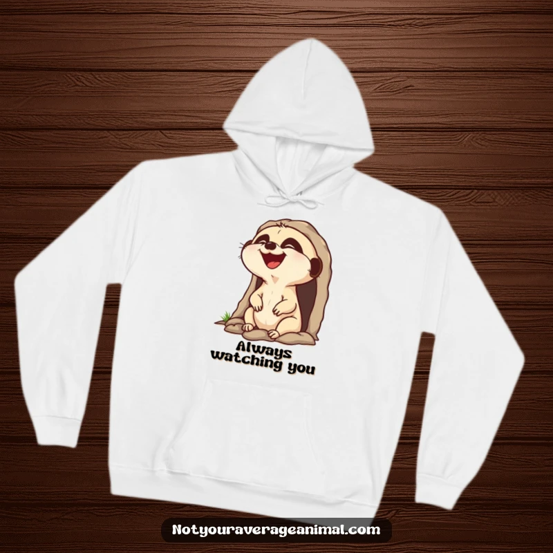 Funny laughing meerkat hoodie, a character popping head out of burrow laughing, offering warmth and cheer.
