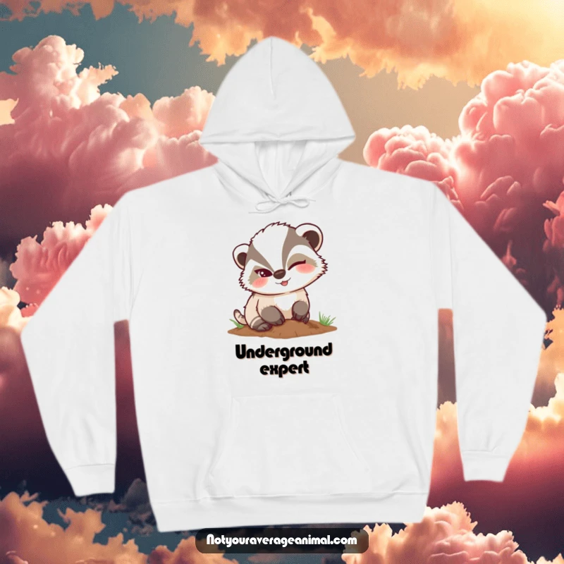 Funny mischievous badger hoodie, a character winking while digging, offering warmth and playful sneakiness.