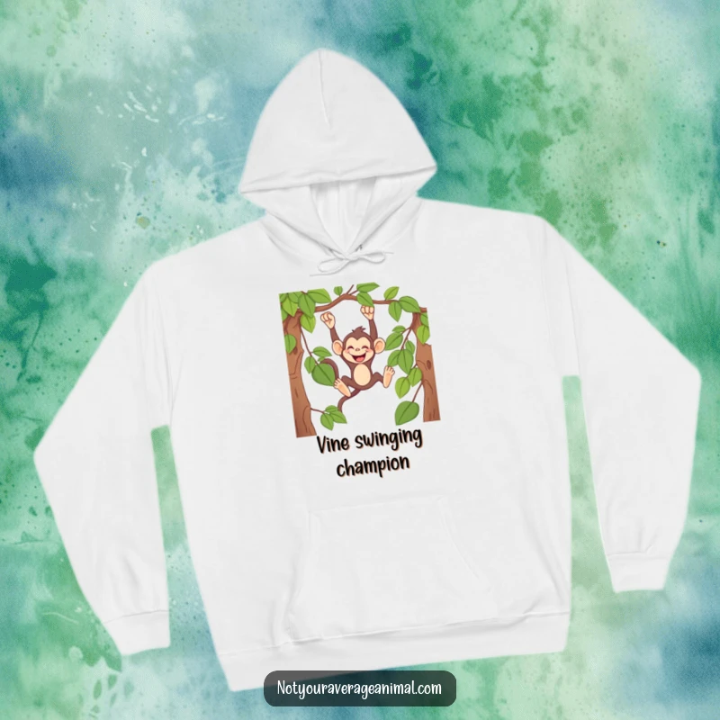 Funny monkey hoodie featuring a mischievous primate swinging from a vine, giggling heartily, embodying playful jungle vibes.