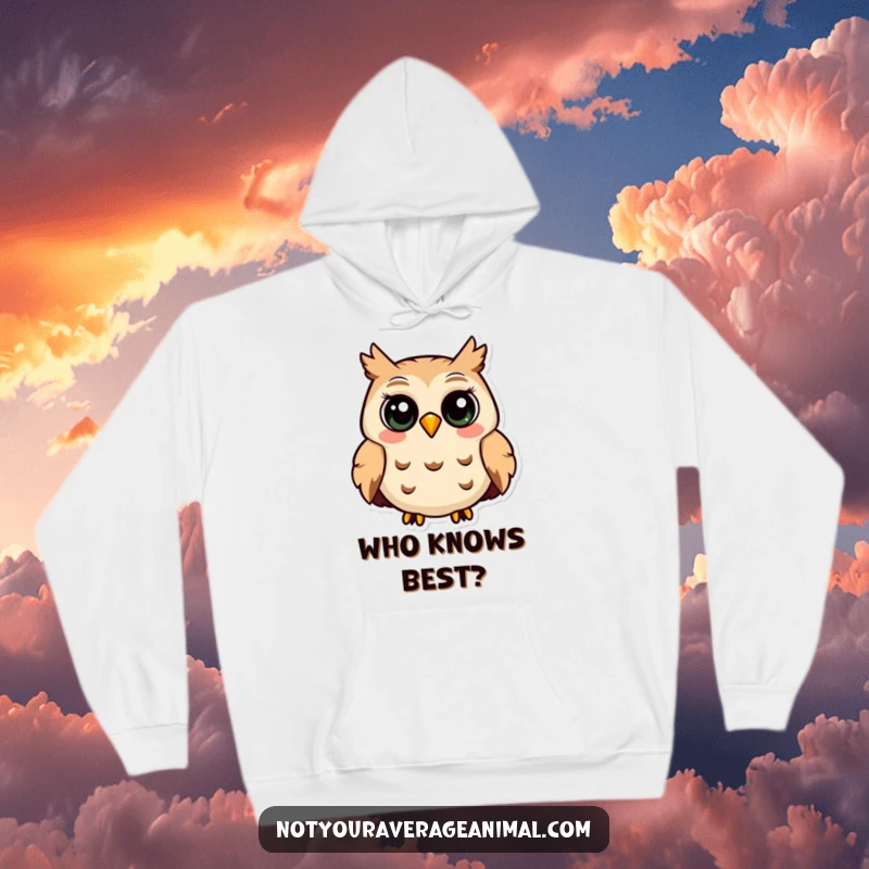 Funny hoodie featuring a smiling owl with large eyes, contentedly hooting, offering warmth and humor.