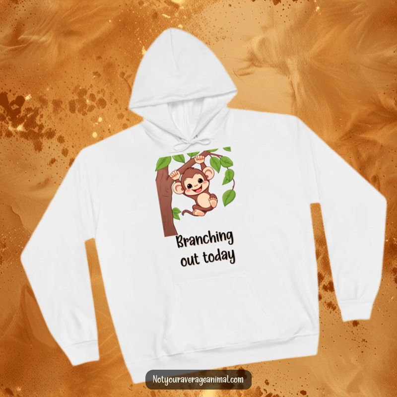 Funny hoodie showcasing a silly monkey happily swinging on a vine, bringing a playful and humorous vibe to your wardrobe.