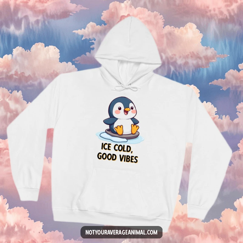 Funny happy penguin hoodie, a character joyfully sliding on ice, offering warmth and winter cheer.