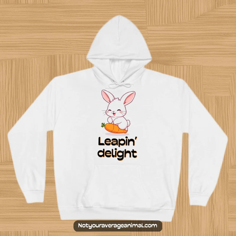 Funny, warm hoodie featuring a fluffy rabbit with big ears, joyfully leaping over a funny, bouncing carrot, perfect for cozy cheer.