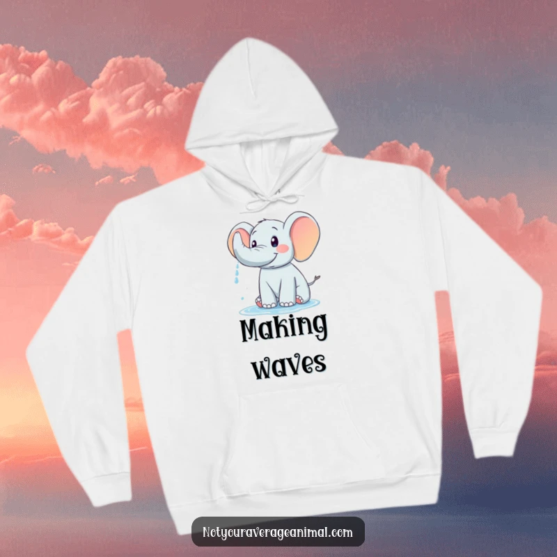 Funny hoodie with a friendly elephant blissfully spraying water from its trunk, embodying pure joy and playfulness.