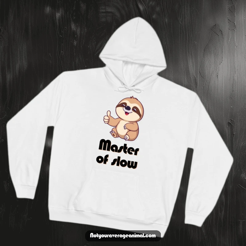 Funny sloth hoodie with a delighted character giving a slow, encouraging thumbs-up, ideal for cozy, humorous comfort.