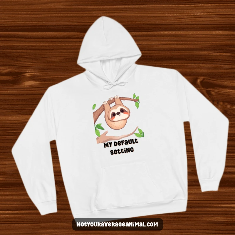 Funny hoodie: A happy sloth hangs upside down, a picture of relaxed curiosity and joy.