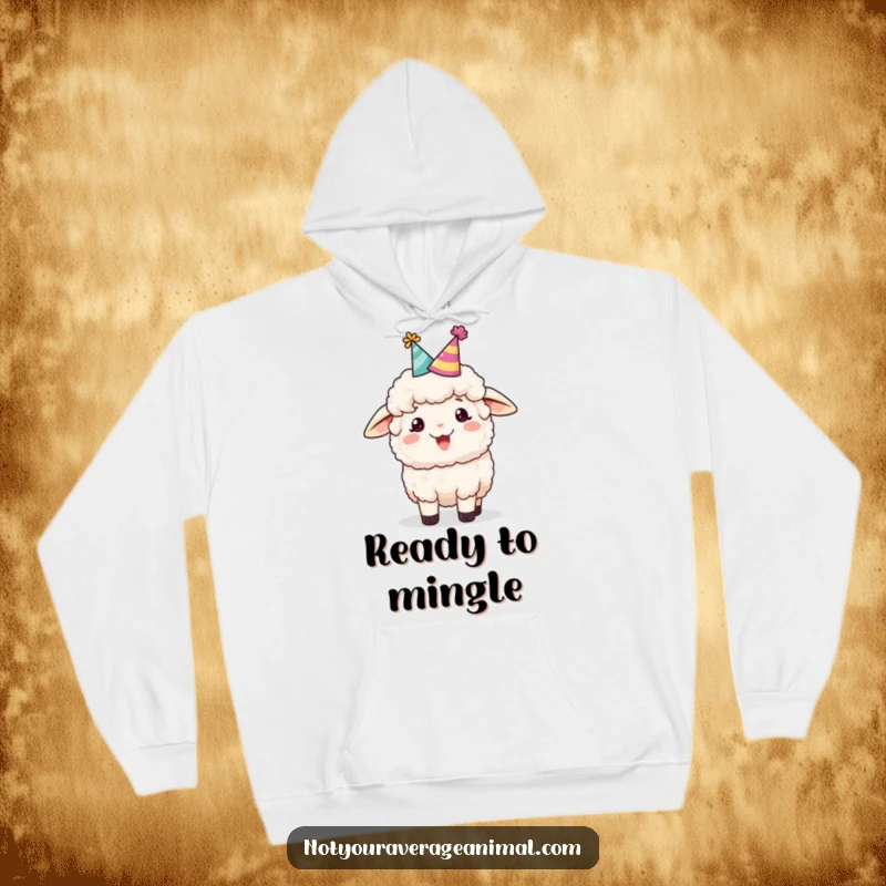 Funny sheep hoodie featuring a fluffy sheep with a party hat, cheerfully bleating, offering warmth and festive spirit in every stitch.