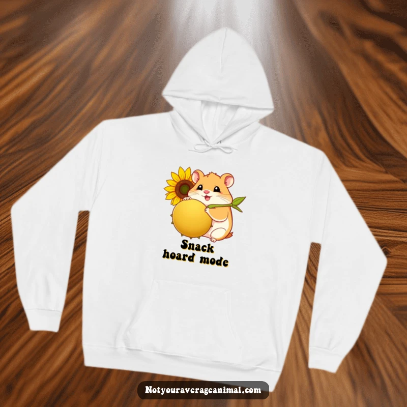 Funny hamster hoodie showing a plump, smiling hamster joyfully clutching a giant sunflower seed.