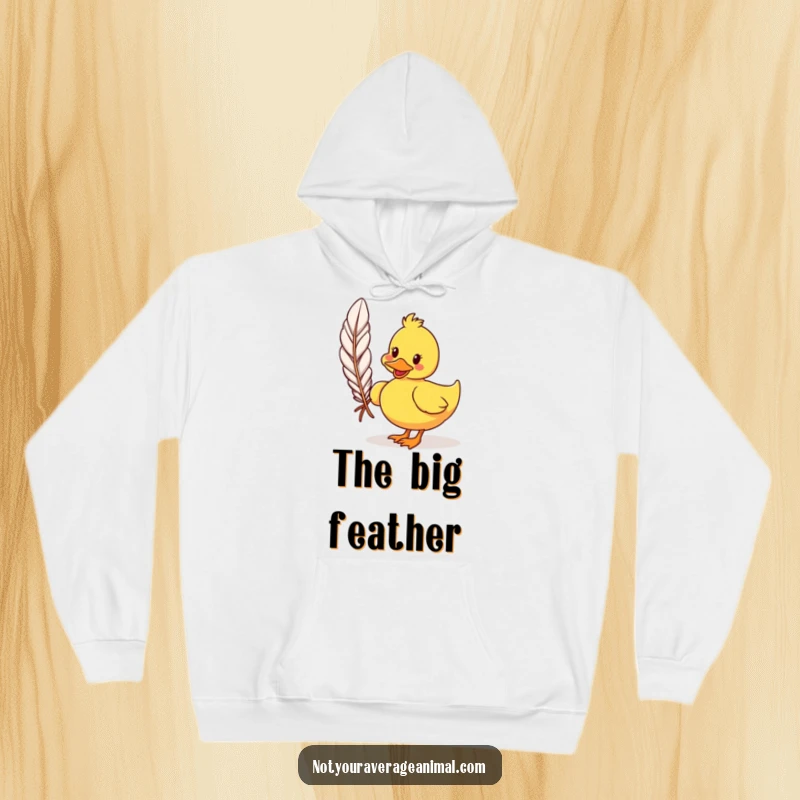 Funny cartoon duck hoodie showing a silly duck waddling with a comically large feather, offering warmth and playful humor. A cozy and funny gift.