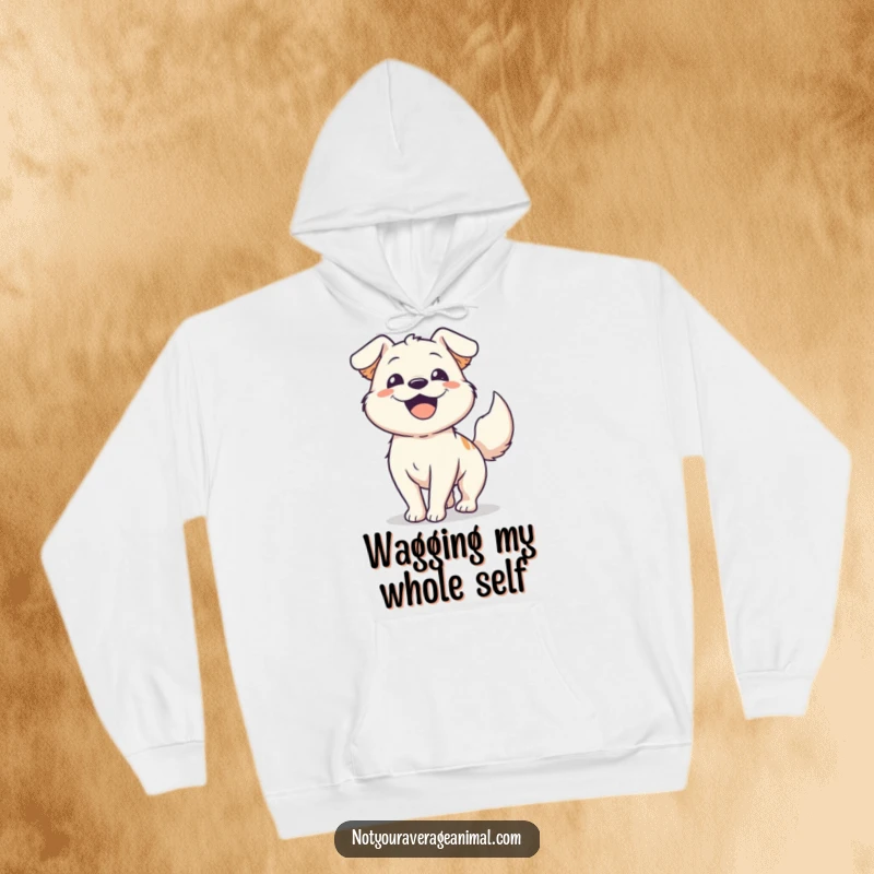 Funny happy dog hoodie featuring an excited dog with its tail wagging furiously, perfect for cozying up with canine cheer.