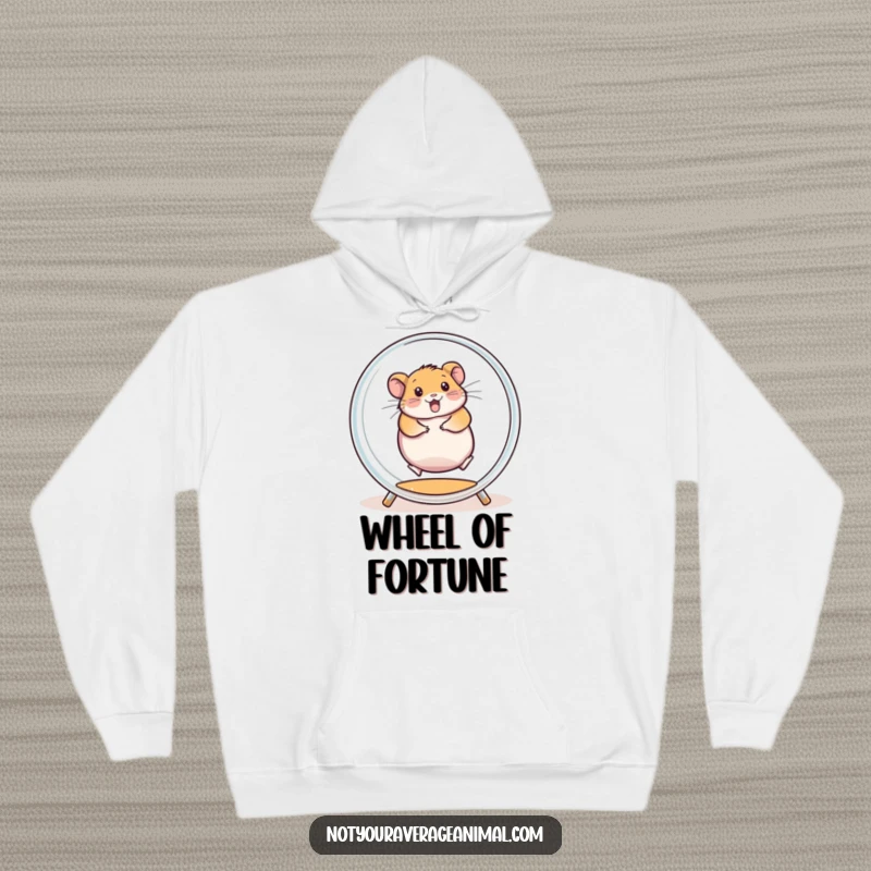 Funny, warm hoodie featuring a chubby hamster spinning with enthusiasm inside a clear exercise wheel, perfect for cozy energy.