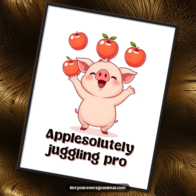 Funny Free Printable Wall Art: A small, round, happy piglet enthusiastically juggling three shiny red apples.