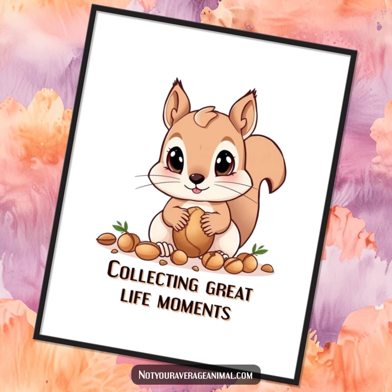 Funny Free Printable Wall Art: A curious squirrel with big eyes diligently gathers nuts, adding a charming and humorous touch to your decor.