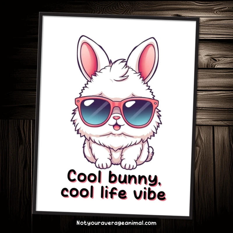 Humorous free printable wall art of a fluffy bunny sporting massive sunglasses, bringing laid-back style.