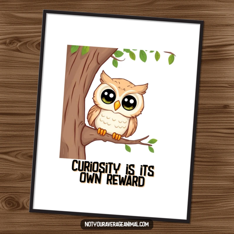 Funny Free Printable Wall Art of a curious owl with large eyes peeking out from a tree branch, perfect for eclectic decor.