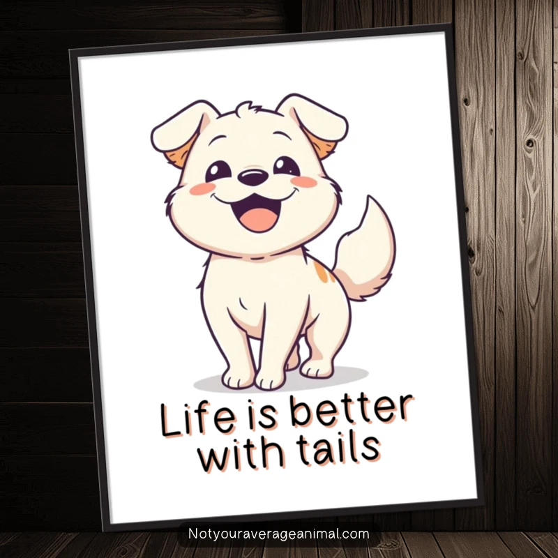 Amusing free printable wall art of an extremely happy dog whose tail is wagging so fast it's a blur.