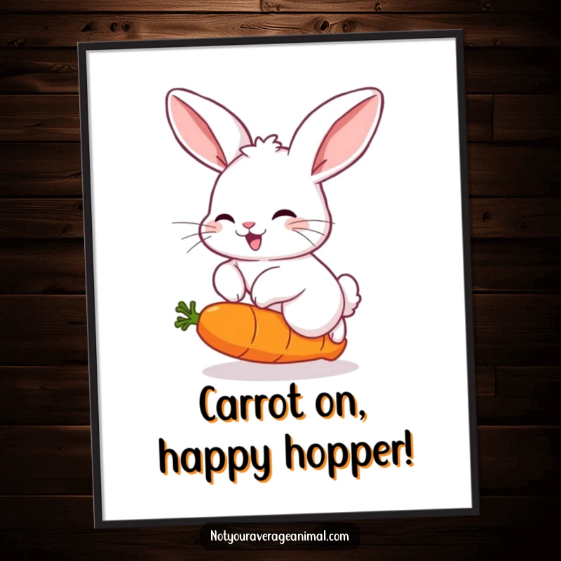 Funny Free Printable wall art capturing a fluffy rabbit with big ears in a moment of pure joy, hopping over a bouncing carrot.