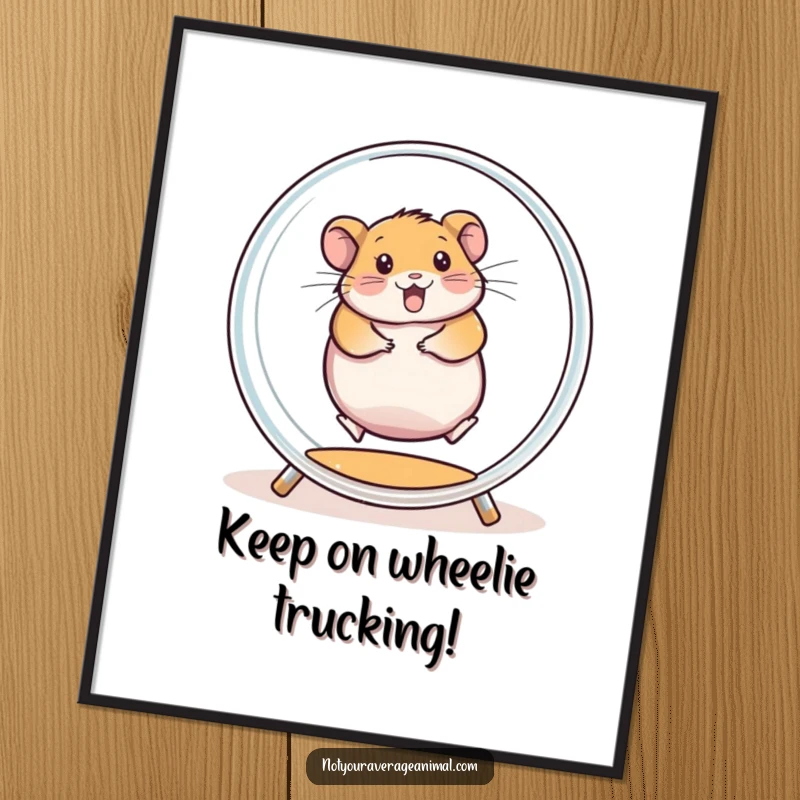 Funny Free Printable wall art of a chubby hamster caught mid-spin, running with great enthusiasm inside a transparent exercise wheel.