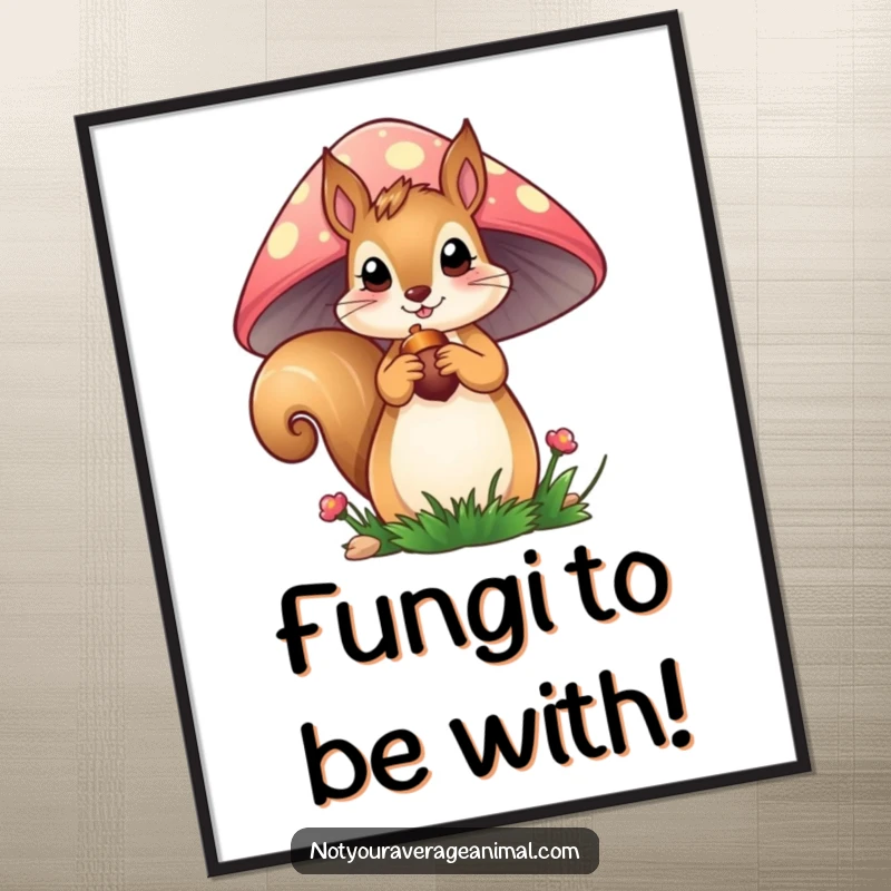 Funny free printable wall art featuring a curious squirrel peeking from a colorful mushroom, holding an acorn, adding woodland charm.