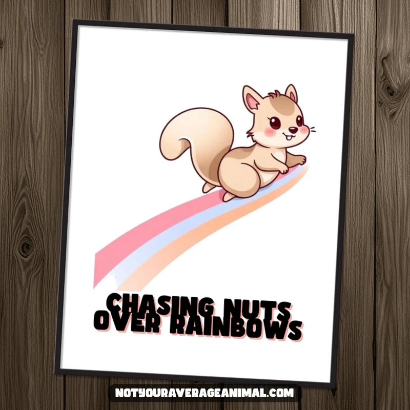 Humorous free printable wall art of a mischievous squirrel having a blast sliding down a vibrant, sky-high rainbow.