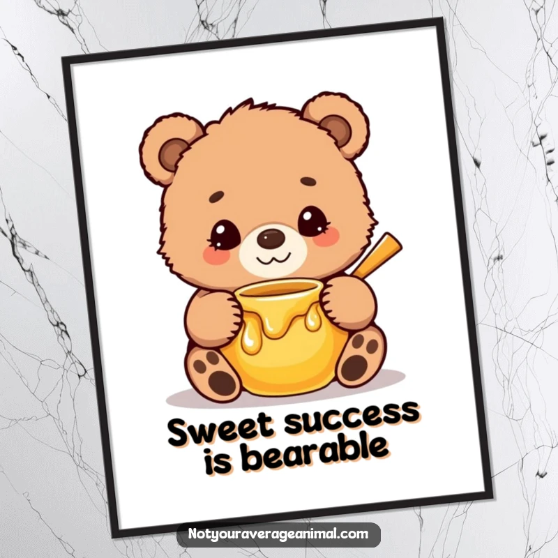 Funny Free Printable Wall Art: A cute, fuzzy bear cub with a sweet smile hugging a honey pot, radiating warmth.