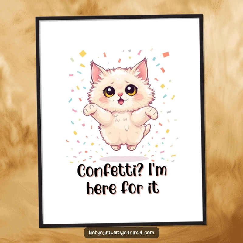 Funny Free Printable Wall Art: A fluffy cat with huge eyes joyfully leaping through a colourful confetti shower.