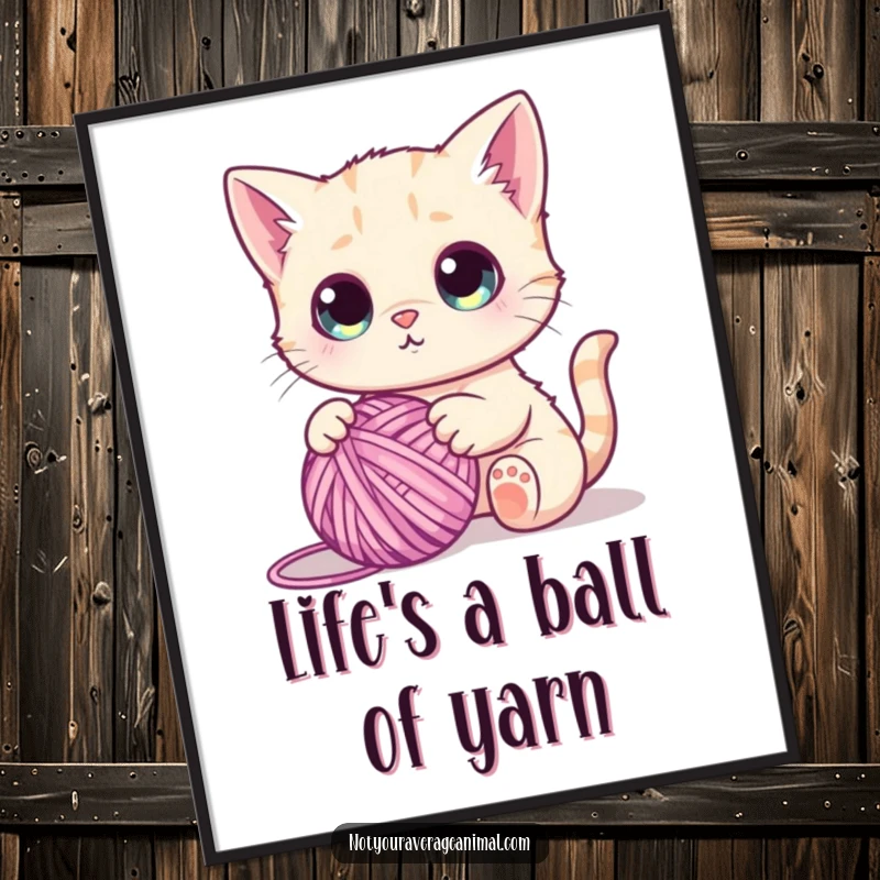 Funny Free Printable Wall Art: A cute cat with large, innocent eyes is playfully entangled with a bright ball of yarn.