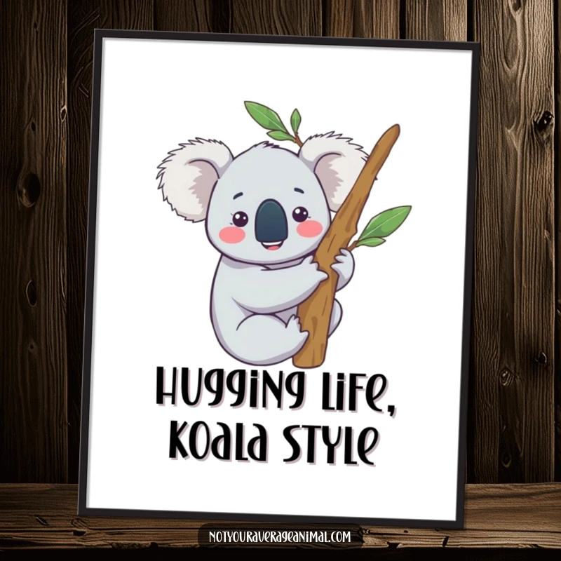 Funny free printable wall art depicting a content koala character happily hugging a eucalyptus branch, radiating peace and contentment.