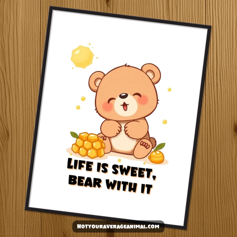 Funny free printable wall art of a giggling bear cub happily playing with a dripping honeycomb, bringing sweet, whimsical charm to any room.