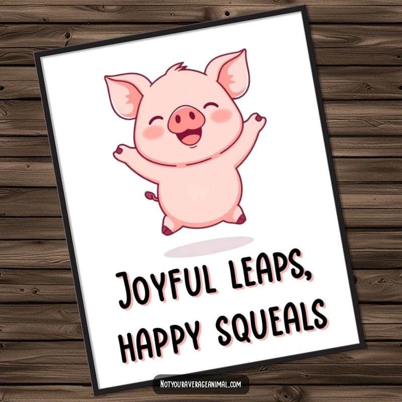 Funny free printable wall art: A round pink piglet captured in a joyous leap, ears flapping, as charming, downloadable art.
