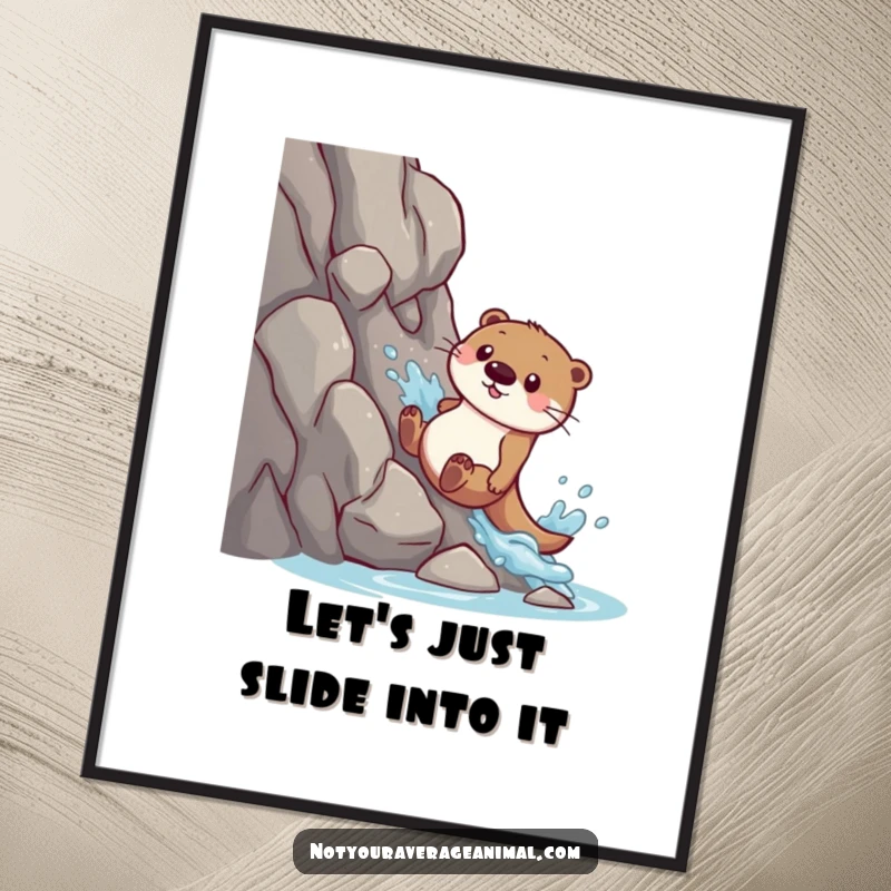 Funny free printable wall art of a playful otter sliding down a rocky slope and splashing into water.