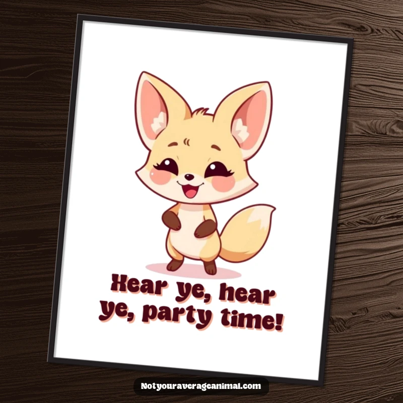 Funny Free Printable Wall Art: A smiling fennec fox with comically large ears doing a cheerful little dance.