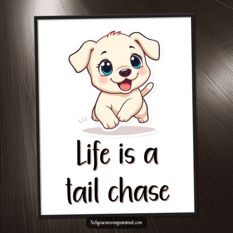 Funny Free Printable Wall Art: A playful puppy chases its own tail with wide excited eyes, full of joy.