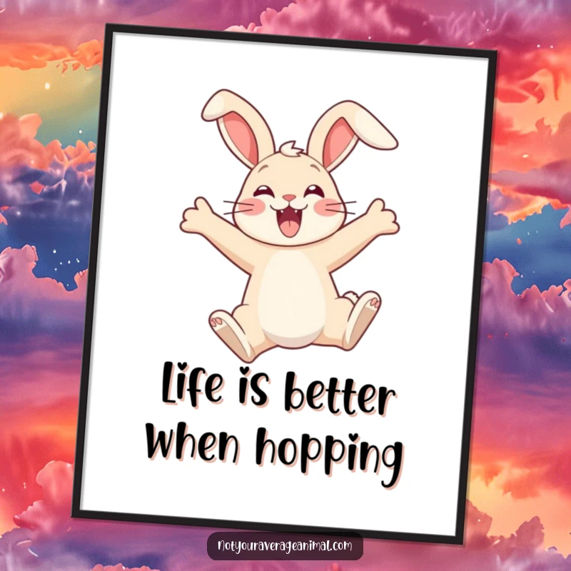Funny Free Printable Wall Art of a leaping bunny with adorably floppy ears, looking absolutely thrilled.