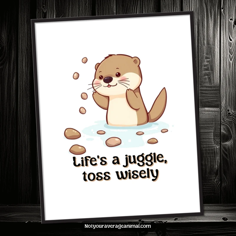 Funny Free Printable Otter Wall Art: A curious otter juggling shiny pebbles, creating a captivating underwater scene. Downloadable art.