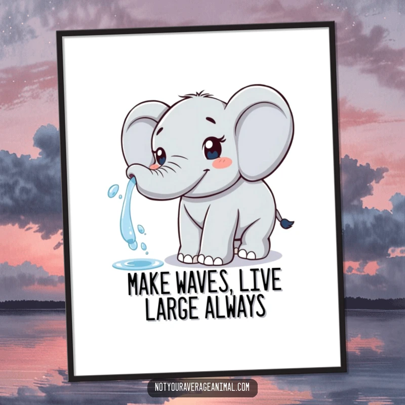 Funny Free Printable elephant wall art featuring a friendly elephant with a happy trunk happily spraying water, a cheerful downloadable decor piece.