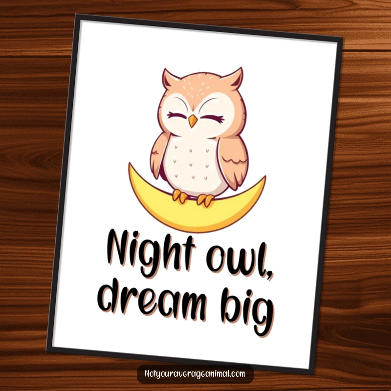 Funny free printable wall art: A mellow owl blinks slowly while perched on a glowing crescent moon!