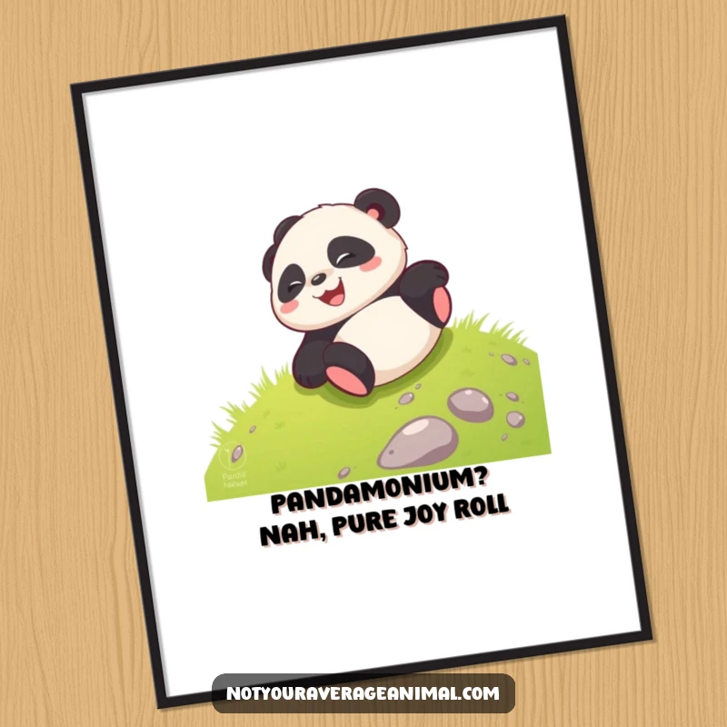 Funny Free Printable Wall Art: A happy, giggling panda caught in the motion of rolling down a lush green hill. Downloadable art.