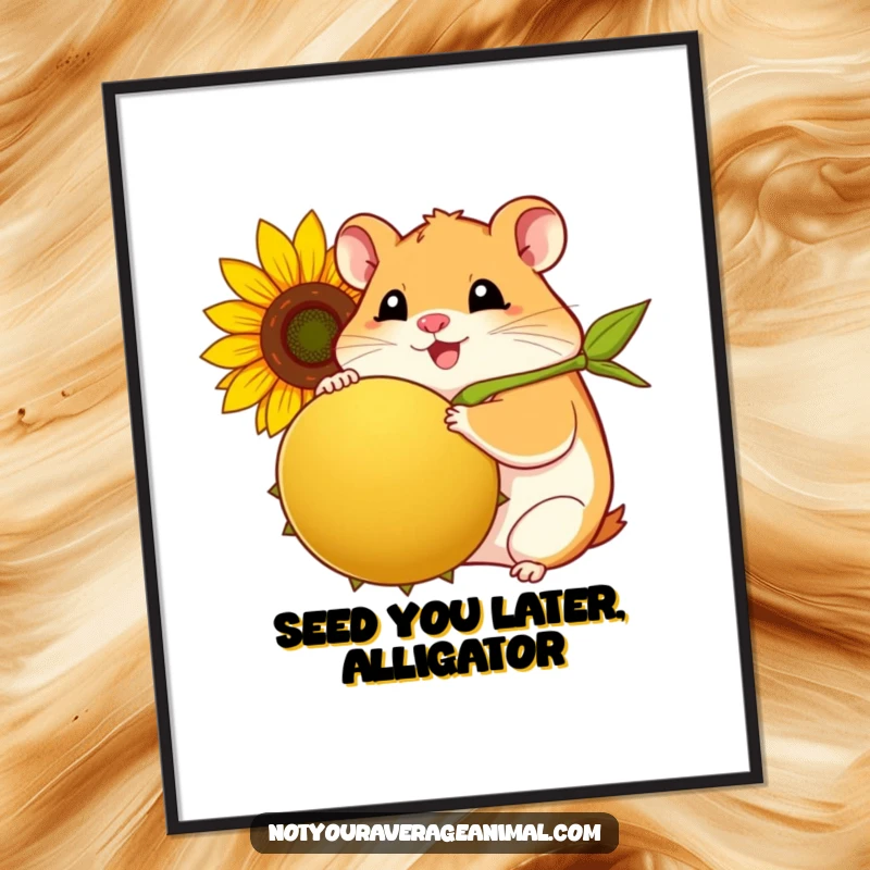 Funny Free Printable Wall Art: A plump, smiling hamster happily clutching a ridiculously large sunflower seed.