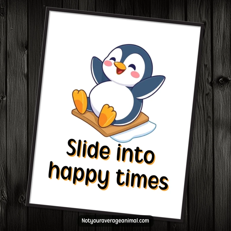 Funny Free Printable Wall Art of a happy penguin character sliding down an icy slope with pure, unadulterated joy.