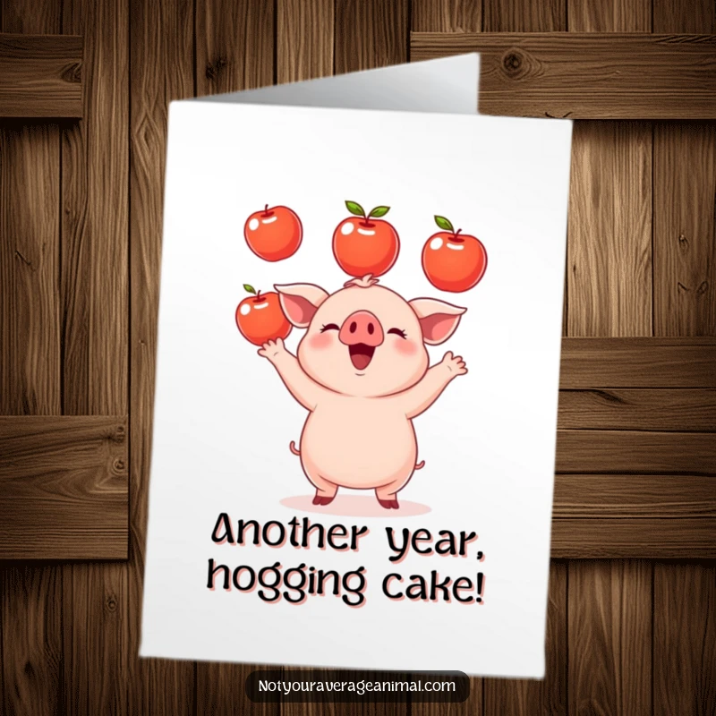 Funny Free Printable Birthday Card: Small round piglet enthusiastically juggling three shiny apples, celebrating.