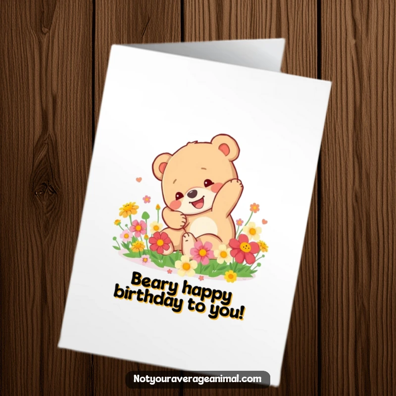 Funny free printable birthday card of a happy bear cub tumbling head over heels in bright flowers, radiating pure joy.