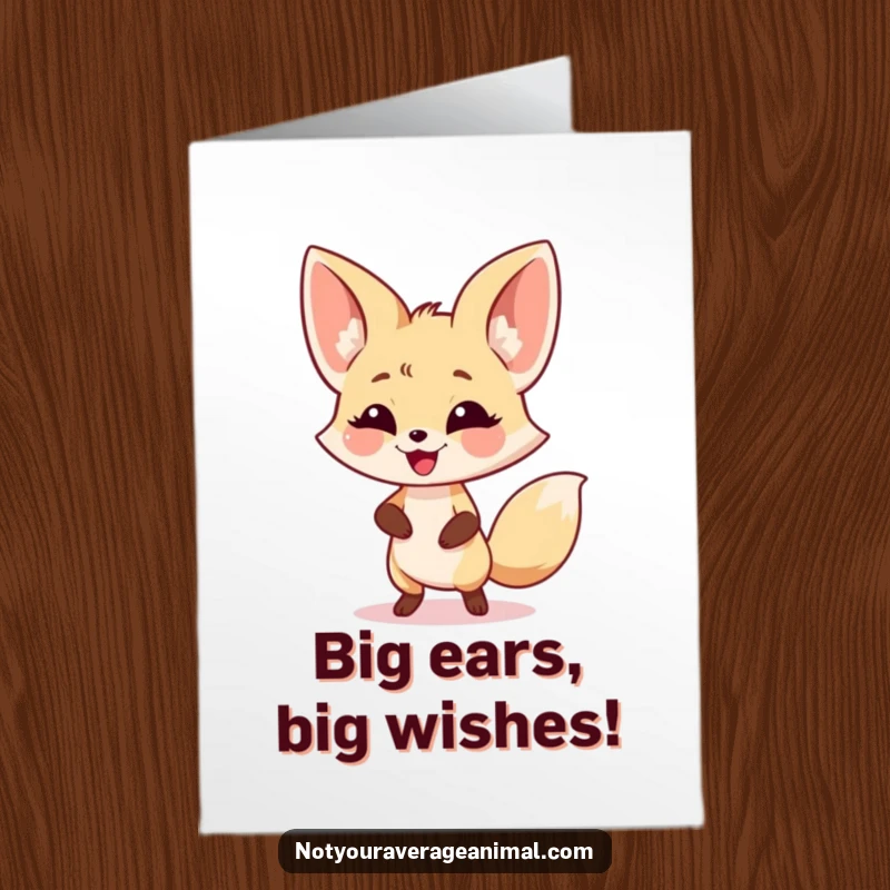 Funny Free Printable Birthday Card: A smiling fennec fox with huge ears doing a joyful dance, ready to party.