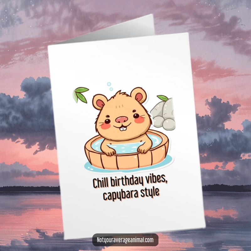 Funny Free Printable Capybara Birthday Card: A playful capybara smiling blissfully while soaking in a hot spring. Downloadable art.