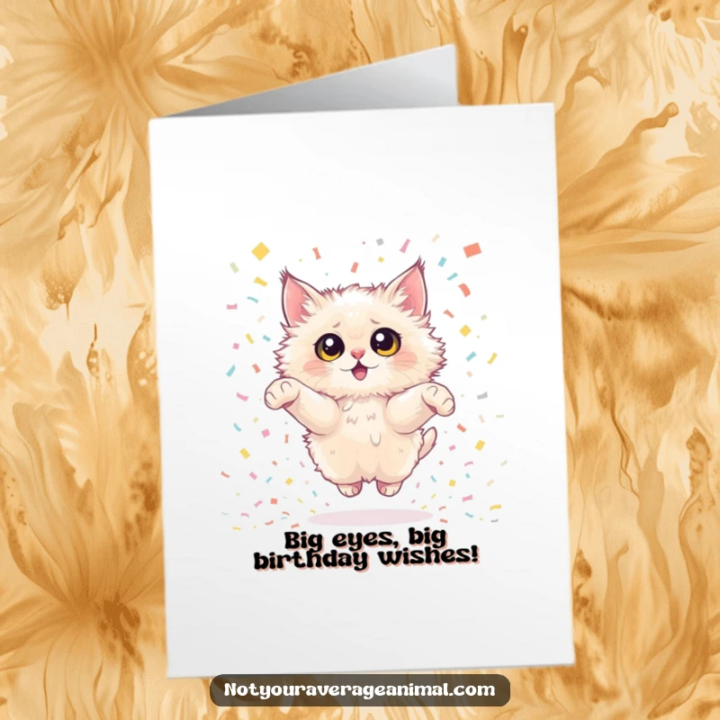 Funny Free Printable Birthday Card: Fluffy cat with big eyes leaping through confetti, mid-celebration.